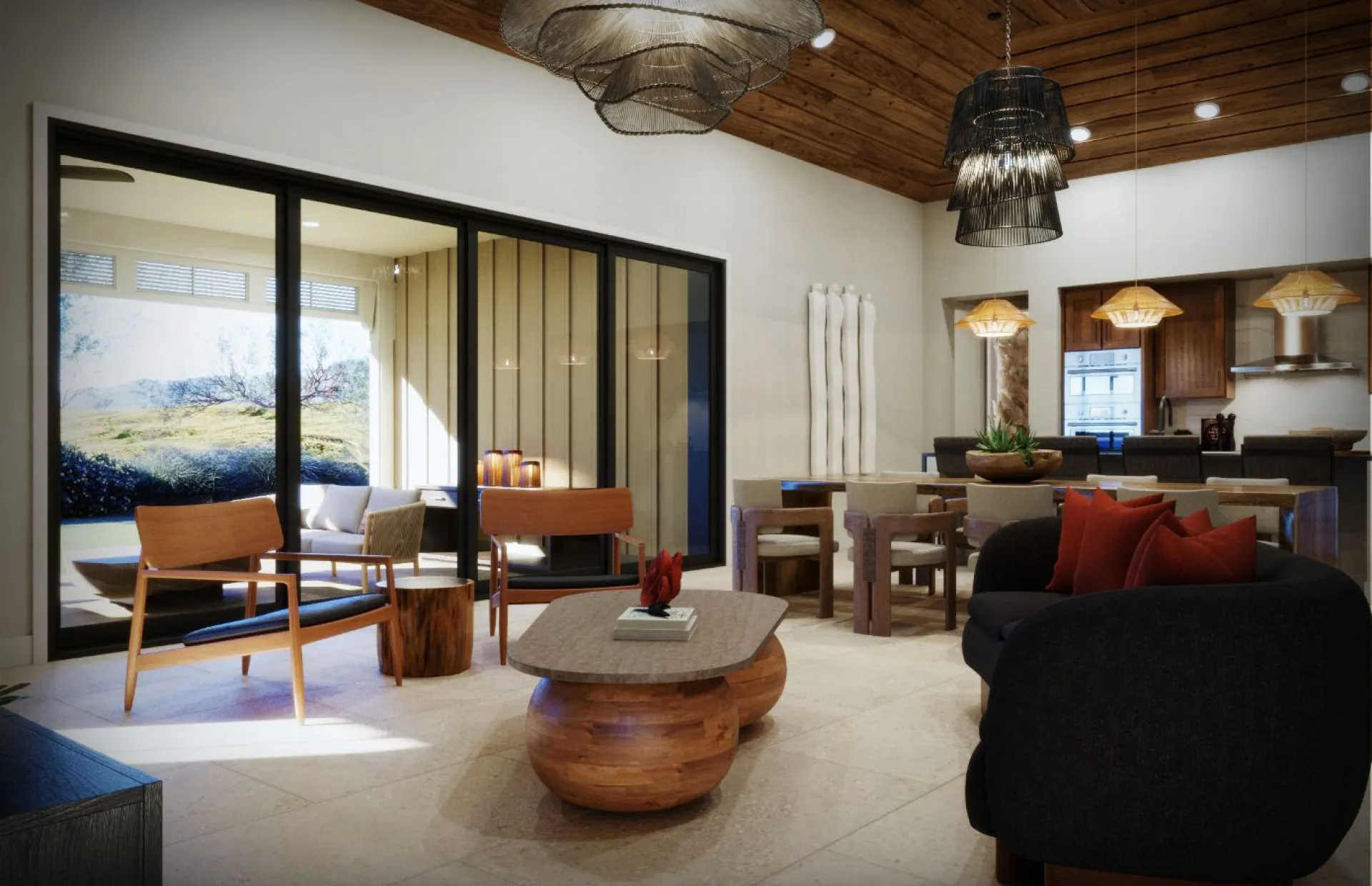 Modern living room with wooden ceiling, large windows, and contemporary furniture.